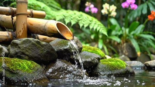 Wallpaper Mural Floating bamboo spouts water over mossy stones in a garden with pink blossoms! and calm reflections Torontodigital.ca