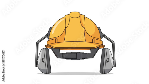 Yellow hard hat with earmuffs front view