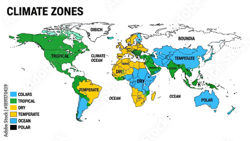 World map illustrating climate zones colorcoded for tropical dry temperate ocean and polar regions