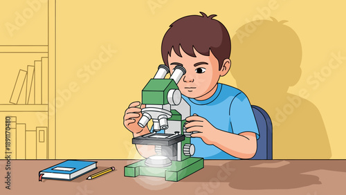 Young boy uses a microscope at a desk with a book and pencil