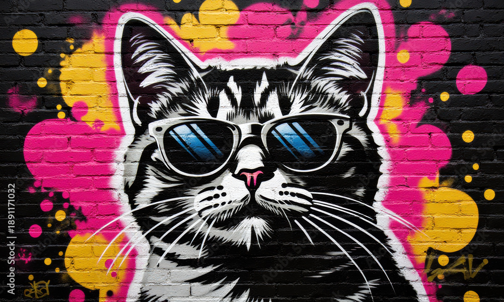 Fototapeta premium Vibrant Graffiti Cat Mural on Brick Wall