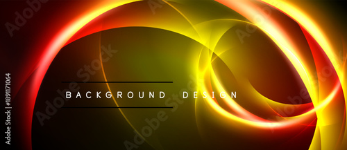 Abstract design features flowing orange, yellow curves. Dark background emphasizes bright, dynamic light effects. Text reads background design.
