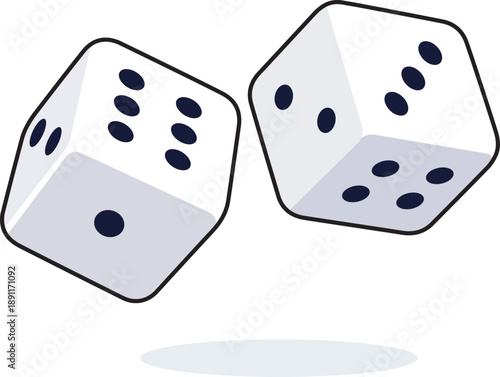 Vector illustration of two black and white gaming dice rolling. Game dice graphic icon.