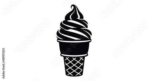 A striking black and white image depicts a soft serve ice cream cone with detailed waffle cone texture a captivating silhouette