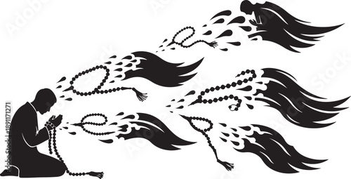 Man Praying with Rosary and Spiritual Thoughts Rising Upwards Silently