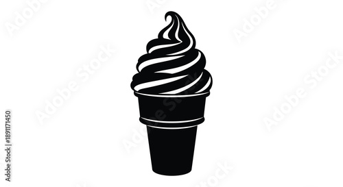 A striking black and white illustration depicts a swirling soft serve ice cream cone presented as a bold silhouette high quality professional