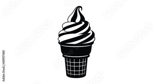 A striking black and white depiction of a swirled soft serve ice cream cone in a waffle pattern silhouette high quality professional