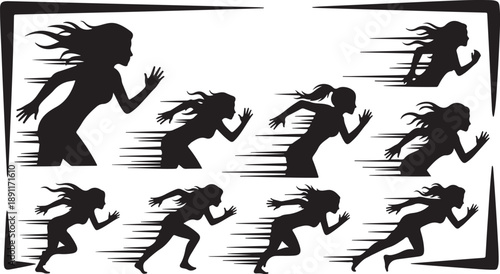 Silhouettes of women running in motion with dynamic movement