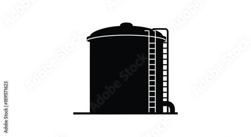 A stark black silhouette of an industrial storage tank with a ladder against a plain white background depicting a simplified form silhouette