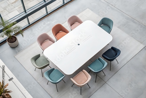 Modern Meeting Space: An inviting high-angle shot captures a modern meeting area, centered by a clean white table surrounded by a set of vibrant chairs.