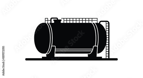 A stark black graphic rendering depicts a large industrial storage tank emphasizing its cylindrical form silhouette high quality professional detailed