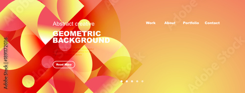Bright abstract geometric background. Orange, yellow hues dominate design. Text includes work, portfolio, contact. Button reads read more.