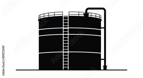 A stark black silhouette of an industrial storage tank against a plain white background showcasing simple form silhouette high quality