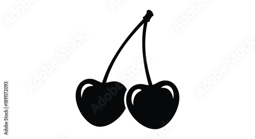 A striking black silhouette depicts two connected cherries with curved stems and rounded forms creating a bold image silhouette
