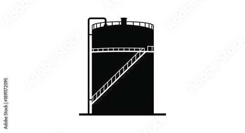 A stark black silhouette depicts a large cylindrical industrial storage tank with a ladder representing energy infrastructure silhouette high quality