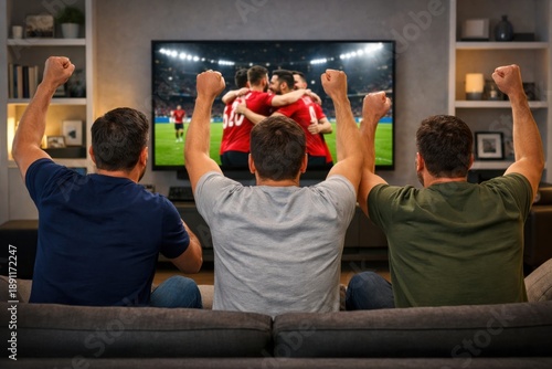 Group Of Friends Celebrating Soccer Goal At Home On Couch