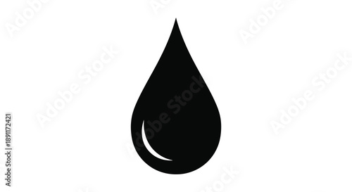 A simple stark image showcases a single black droplet shape against a bright white background presenting a bold silhouette