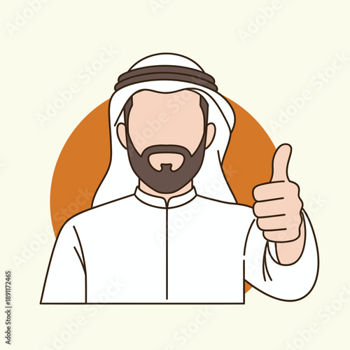 A minimalist flat vector illustration of a faceless Arab man in traditional attire giving a thumbs up gesture, representing success, approval, and positive feedback.