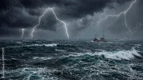 Stormy sea with lightning and a fishing boat in rough waters during a thunderstorm