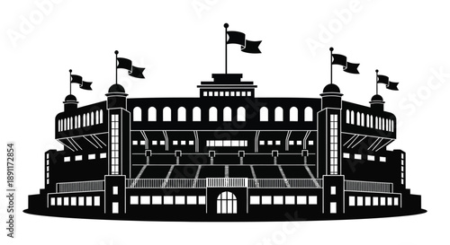 A detailed black and white illustration depicts a classic baseball stadium with waving flags presented as a striking silhouette