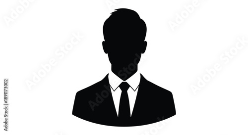 A stark black silhouette depicts a formally dressed man with a tie presenting a classic and anonymous profile silhouette