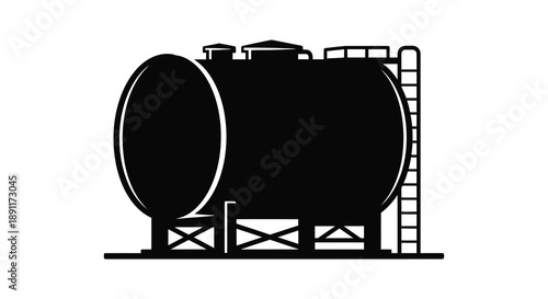 A stark black silhouette depicts a large industrial storage tank with supporting structures against a plain white background silhouette