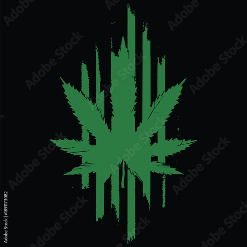 Distressed Green Cannabis Leaf on Black Grunge Background