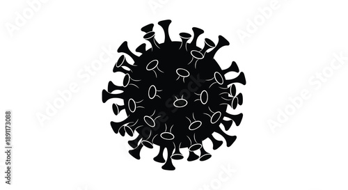 A stark black silhouette of a coronavirus particle is prominently displayed against a clean white background representing viral structure silhouette