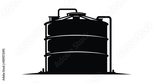 A stark black silhouette depicts a large cylindrical industrial tank with supporting bands and piping a striking silhouette high quality