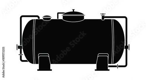A stark black silhouette of a horizontal industrial tank with piping and support legs portraying a simple form silhouette