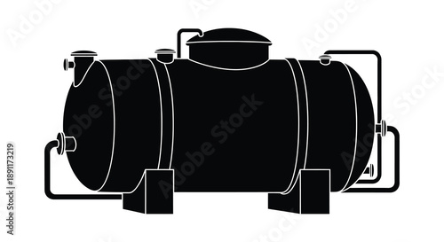 A stark black silhouette of an industrial cylindrical tank with supporting metal framework depicted in a minimalist style silhouette
