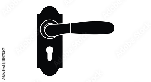 A stark black door handle and plate are prominently displayed against a white background creating a bold silhouette high quality