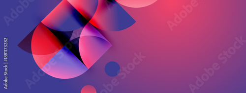 Abstract shapes blend vibrant reds, blues, pinks. Gradient background creates dynamic visual impact. Modern design elements present fluid composition.