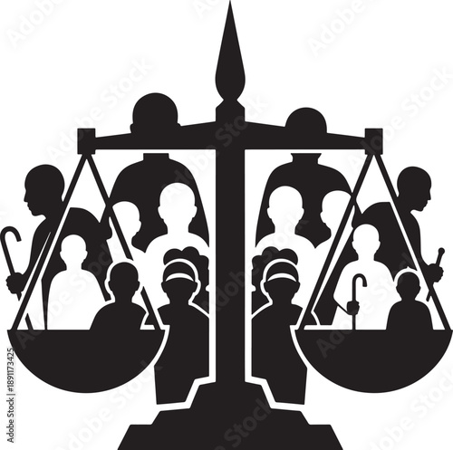Balanced justice scales with diverse community Vector