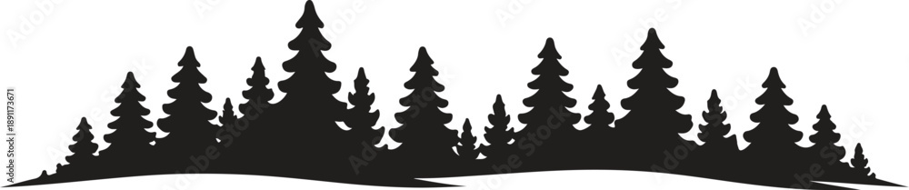 Obraz premium Pine Forest Silhouette Landscape Border, Minimal Black Evergreen Tree Vector Illustration