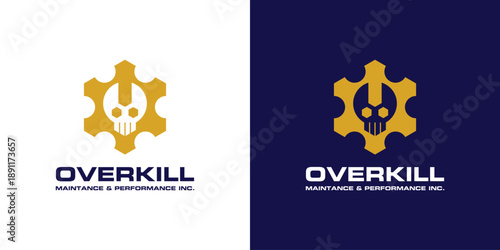 Solid mechanical skull logo with gear and wrench for industrial maintenance