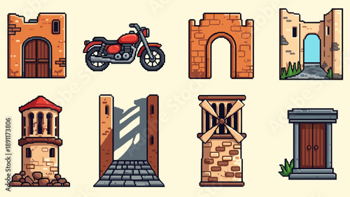 Pixel art medieval architecture and red motorcycle collection