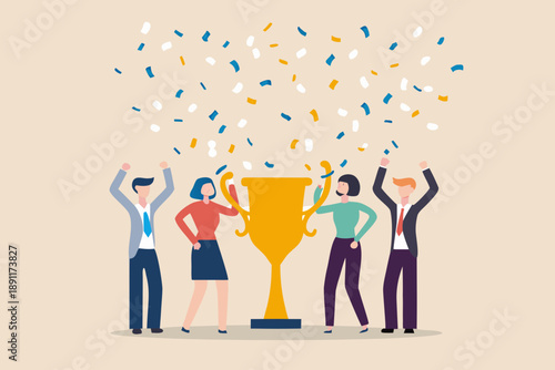 Team celebrating success with a golden trophy and falling confetti