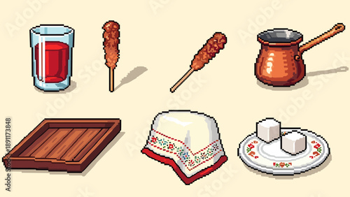 Vintage pixel art coffee and snack icons with copper pot and sweet delights