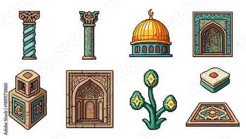 Pixel art of middle eastern architecture elements: dome, columns, arches, and ornamentation