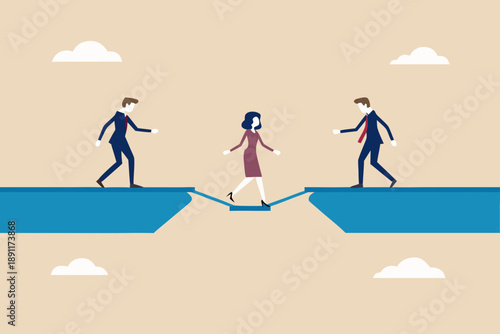 People crossing gaps on platforms symbolizing trust and connection