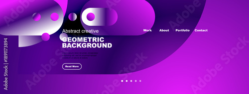Purple abstract website header. Geometric shapes, text elements, navigation menu present. Modern design, vibrant colors.