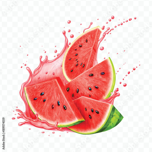 realistic fresh watermelon slices fruit with red Juice  splash in different style isolated on transparent background