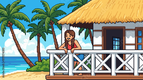 Relaxing beach hut scene with palm trees and blue sky in pixel art style