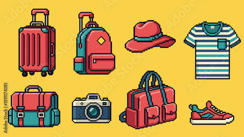 Retro pixel art travel essentials: luggage, backpack, and accessories on yellow