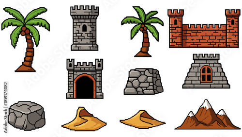 Pixel art medieval and desert elements: castles, palms, and terrain