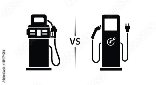 A stark comparison is presented between a traditional gasoline fuel pump and a modern electric vehicle charging station silhouette