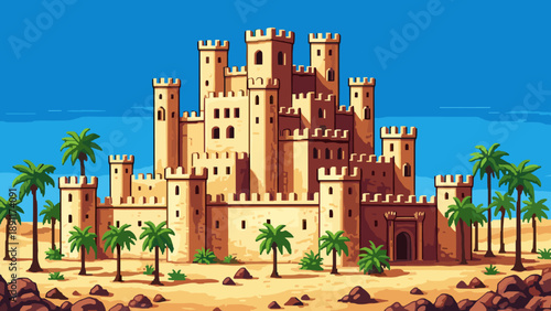 Majestic desert fortress with towers and palm trees under a clear blue sky