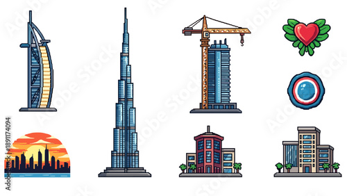 Iconic urban landmarks and construction elements in pixel art style with cityscape and cultural symbols