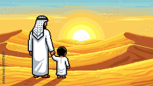 Pixel art father and child in desert at sunset: nostalgic landscape scene
